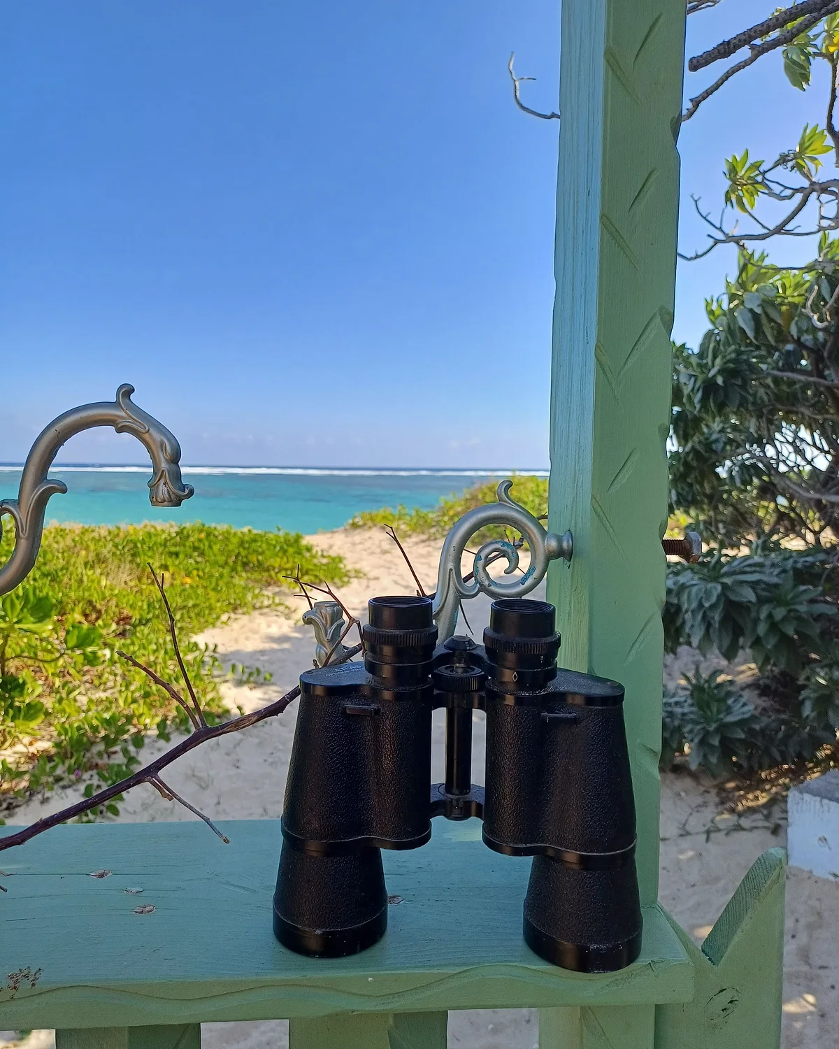 Des jumelles posées face à la plage et au lagon