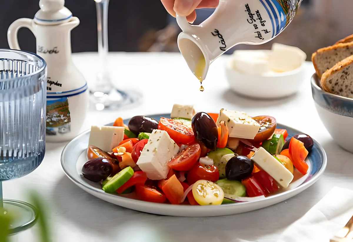 La salade grecque de la maison, olives, feta et huile d'olive